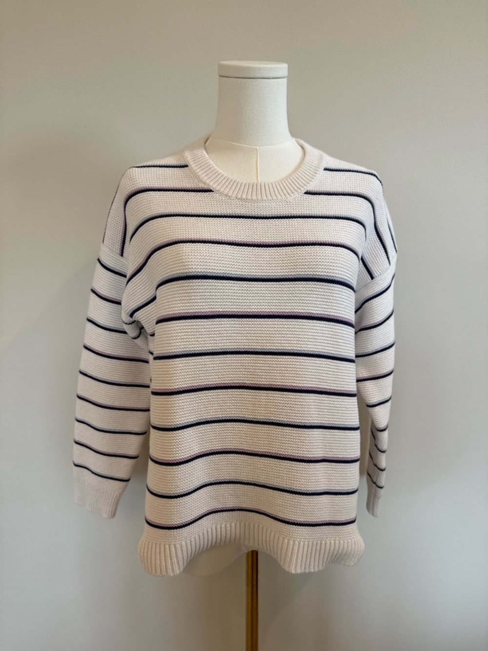 Marine Layer Cream and Navy/Light Purple Striped Crewneck Sweater